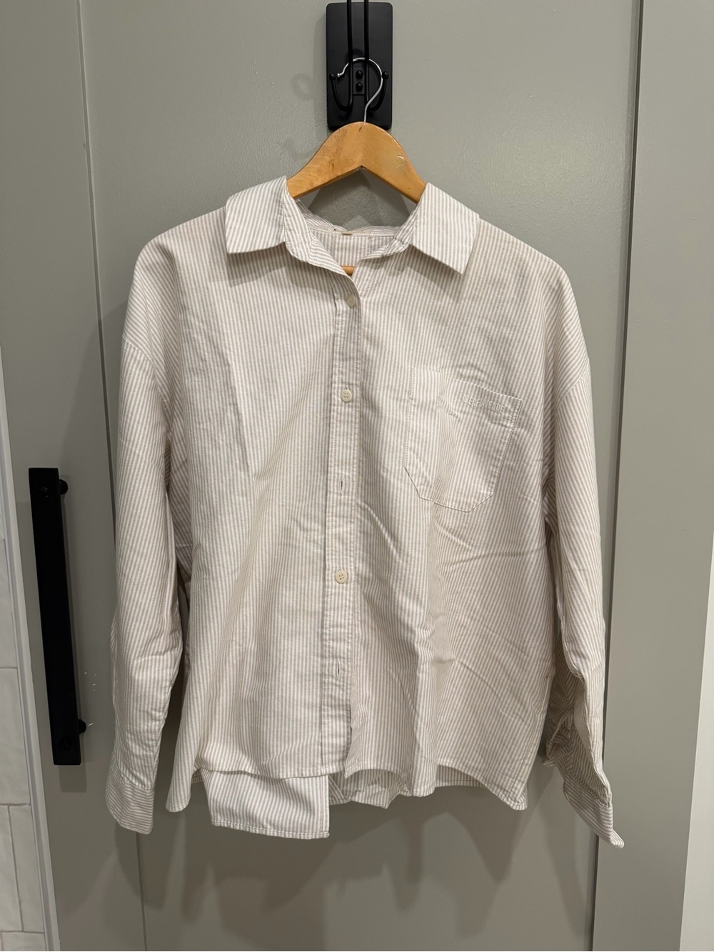 Djerf Avenue Cotton Beige Stripe Long-Sleeve Button-Up Shirt